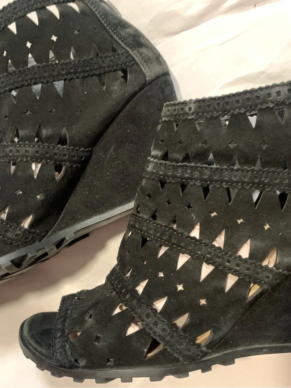 Black Laser-Cut Suede Peep-Toe Wedge Sandals size 7
